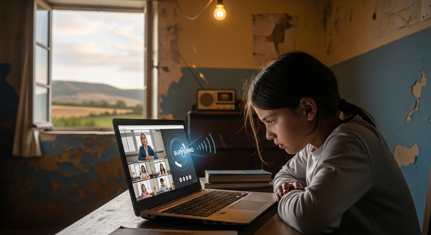 Student struggling with slow internet connection during an online learning session in a rural setting.
