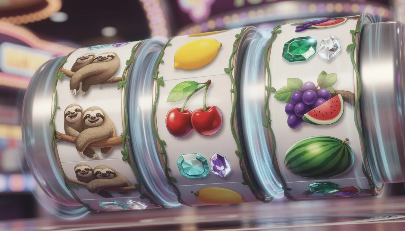 Bildbeskrivning: Färgglada slothjul snurrar med symboler av frukter och juveler, vilket skapar en livlig och spännande atmosfär. Dessa hjul representerar en typ av slots som ofta finns på casinon, där spelare har chans att vinna riktiga pengar och njuta av bonusar som free spins.