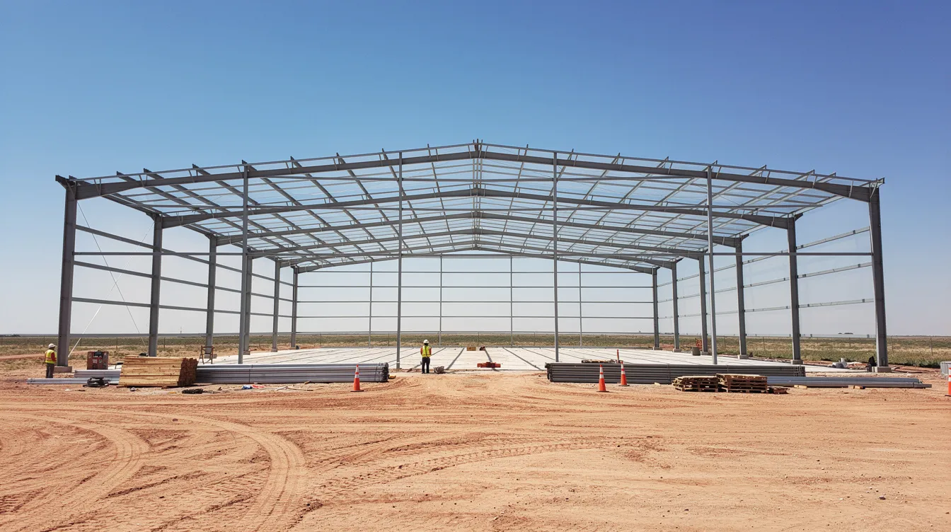 The image depicts a wide view of a steel-framed industrial warehouse under construction in a flat Texas landscape, showcasing the expansive site and a clear blue sky. This scene reflects the ongoing trends in commercial construction, highlighting the importance of managing material costs and labor availability in the Texas markets.