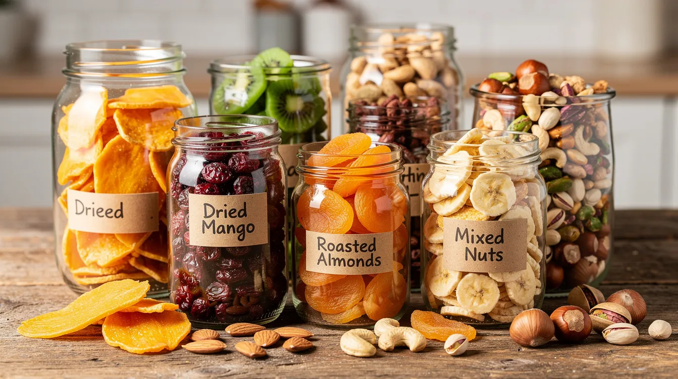 8085c9aa c128 4d88 b33e 4642bace373b The image showcases a vibrant display of healthy snacks, featuring an array of colorful dried fruits and roasted nuts neatly arranged in clear glass jars. This visually appealing assortment highlights the growing demand for nutritious food items, catering to health-conscious consumers seeking convenient and tasty options.
