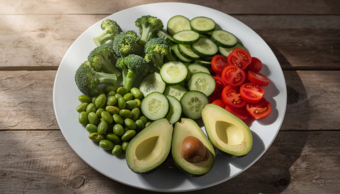 A vibrant plate showcases fresh broccoli florets, bright green edamame pods, sliced cucumber, ripe tomatoes, and creamy avocado halves, all arranged beautifully on a wooden table, emphasizing the importance of nmn rich foods for promoting cellular health and enhancing insulin sensitivity. This colorful display highlights the health benefits of incorporating natural food sources into a balanced diet for healthy aging and improved energy metabolism.
