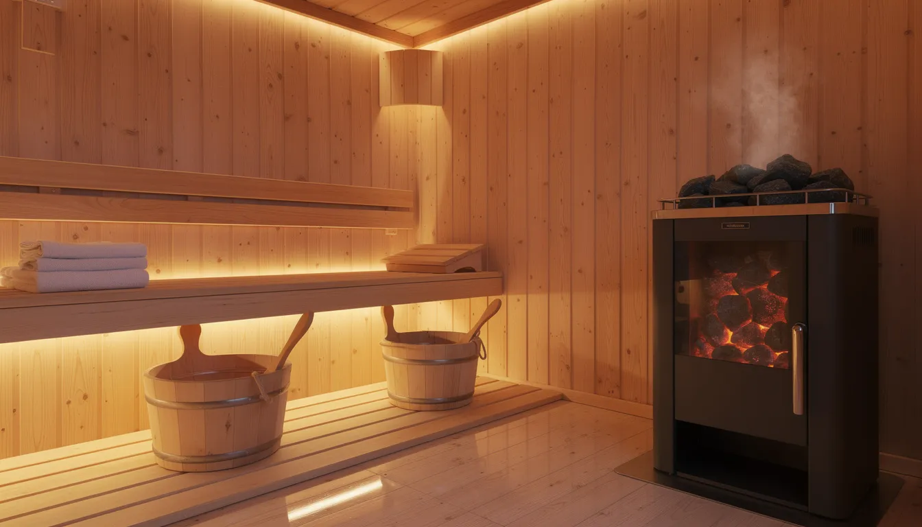 The image depicts a cozy wooden Finnish sauna interior, featuring heated stones and soft ambient lighting that creates a warm and inviting atmosphere. This traditional sauna setting is designed for relaxation and offers unique health benefits, such as improved cardiovascular health and stress relief, making it an ideal choice for wellness routines.