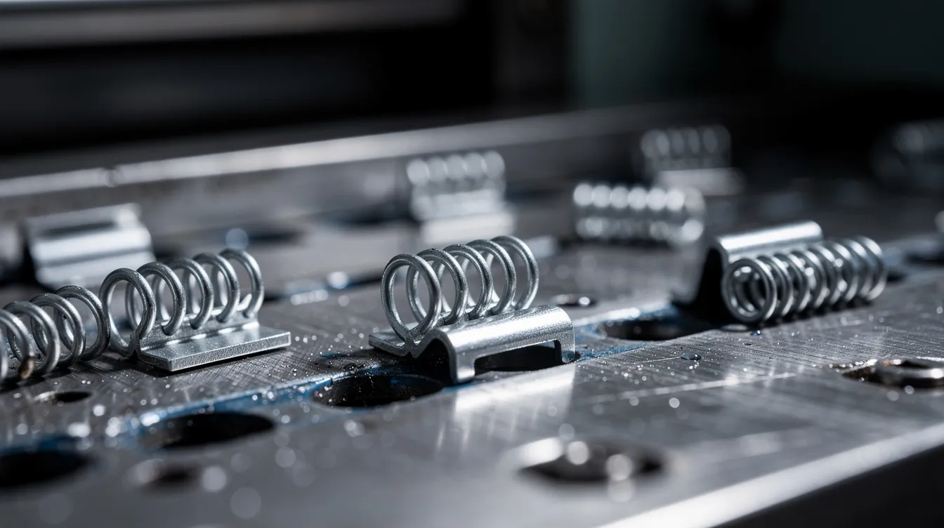 A close-up image reveals freshly produced small metal clips and spring components on a forming machine production line, showcasing the precision and quality achieved through advanced four slide stamping technologies. The intricate parts highlight the capabilities of slide forming machines in creating complex shapes with multiple bends for various industrial applications.
