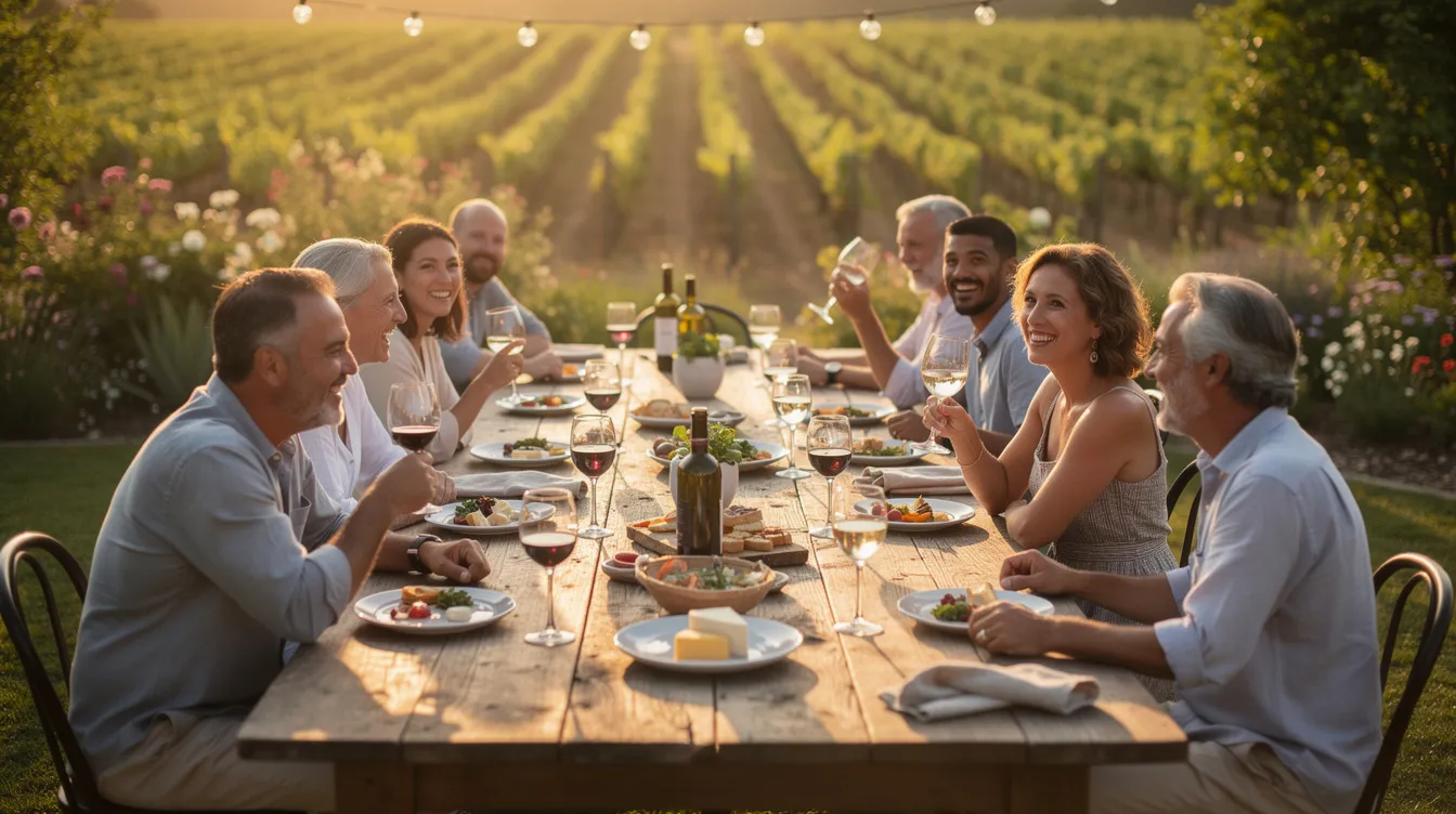 A group of guests is seated at a long wooden table outdoors in a garden, enjoying a wine tasting experience with glasses and small plates of food, while a picturesque vineyard is visible in the background, illuminated by the warm golden hour light. The setting invites friends and family to savor award-winning wines, including chardonnay and sauvignon blanc, as they connect over delightful flavors in this serene venue.