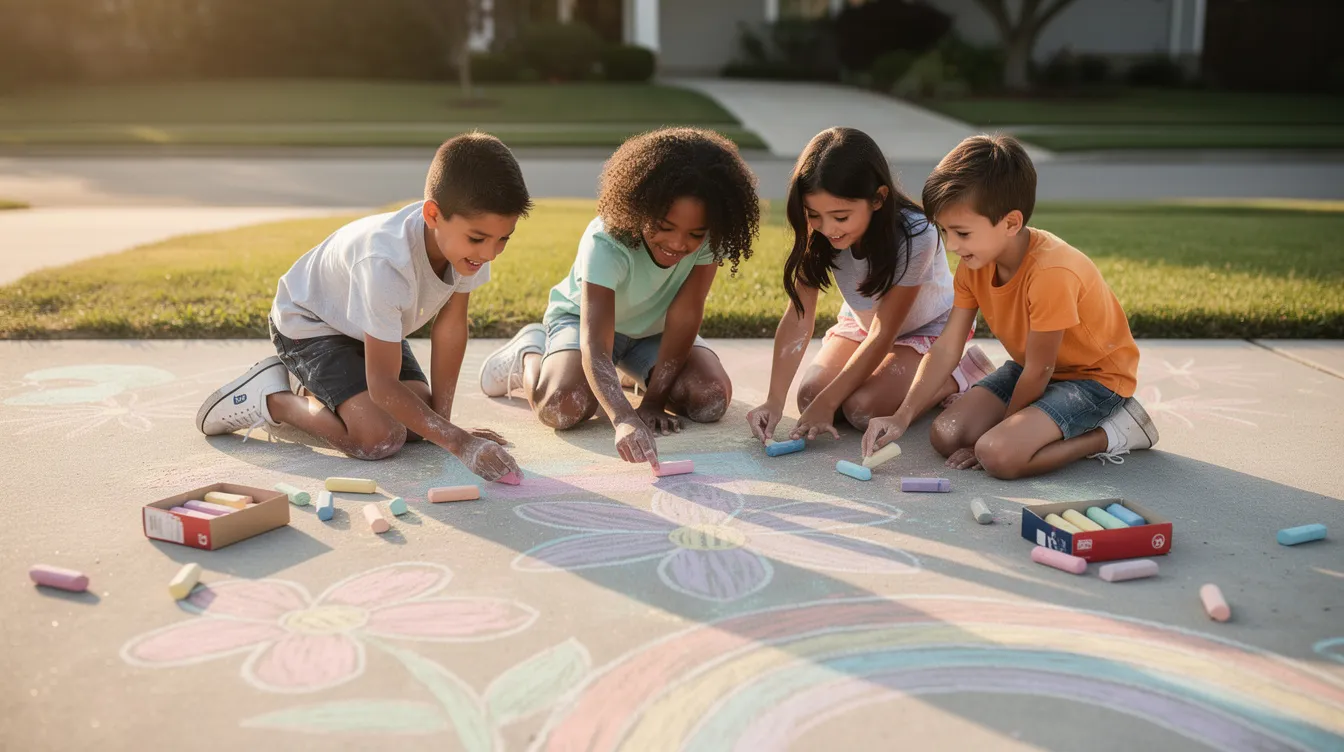 A group of kids is kneeling on a sunny driveway, happily creating colorful drawings of flowers and rainbows using bright sidewalk chalk sticks. The scene captures the joy of a sidewalk chalk party, filled with creativity and friendship.