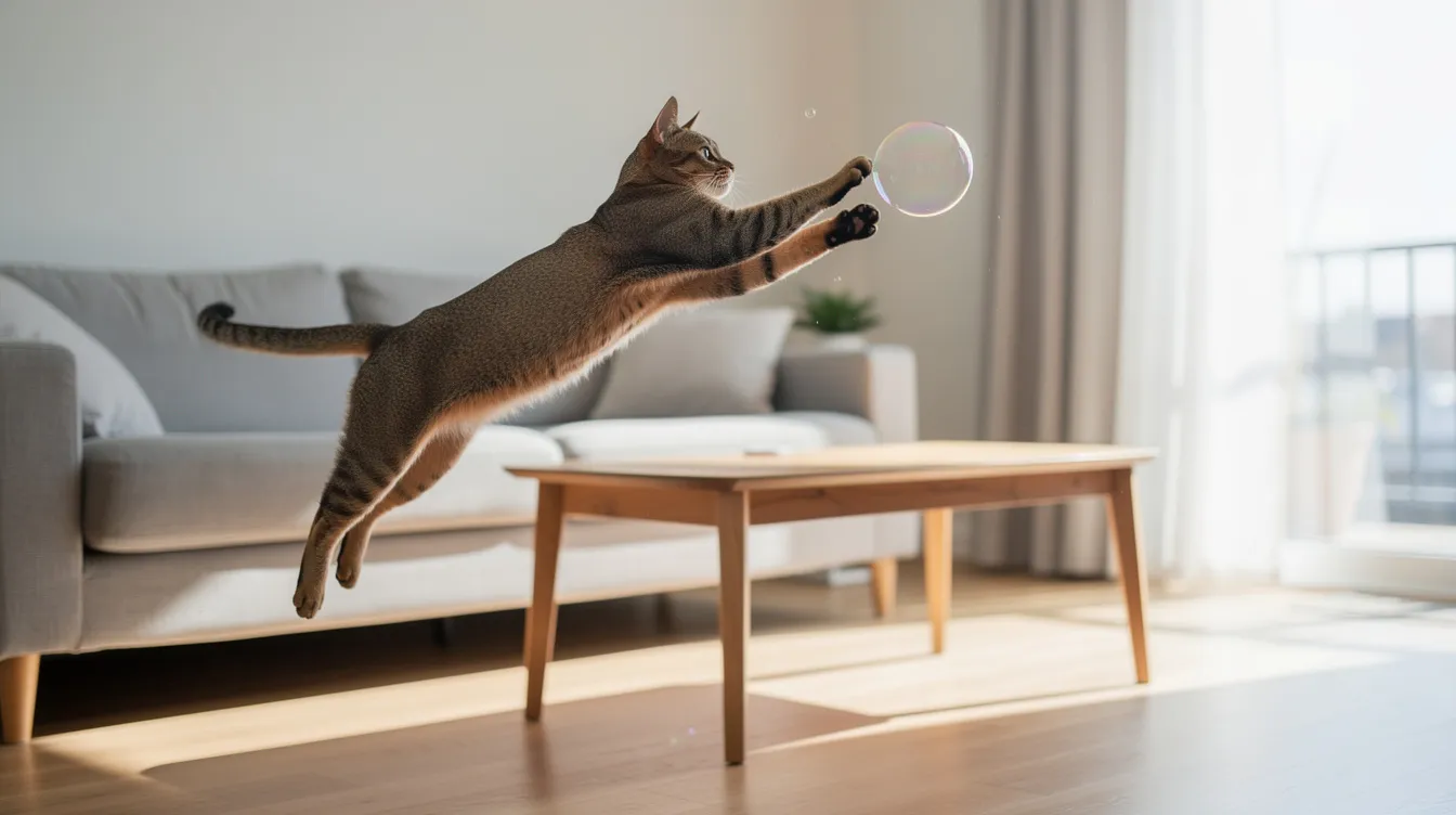 A lively cat is caught mid-leap, playfully swatting at a floating catnip bubble in a bright and clean living room. The scene captures the joy of indoor play, showcasing the cat's paws outstretched as it prepares to attack the bubble, creating a fun and entertaining atmosphere.