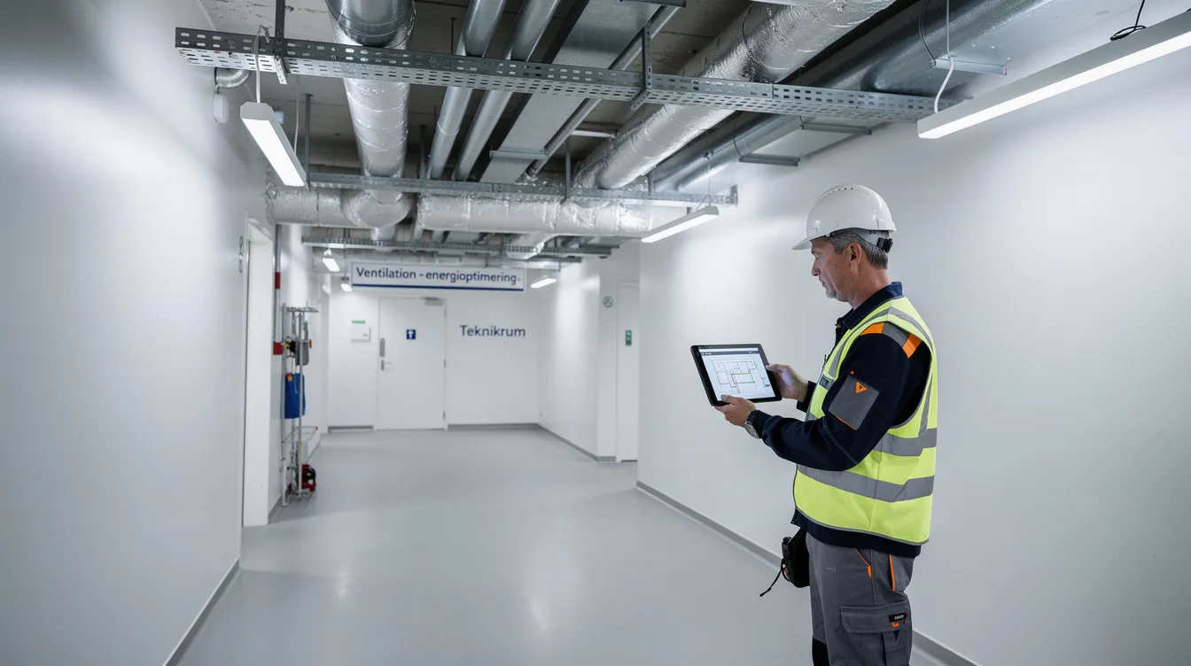 Billedet viser en tekniker, der inspicerer ventilationskanalerne i en dansk erhvervsbygning, mens han arbejder på energioptimering af anlægget. Fokus er på at identificere områder, hvor man kan reducere energiforbruget og forbedre effektiviteten for en mere bæredygtig fremtid.