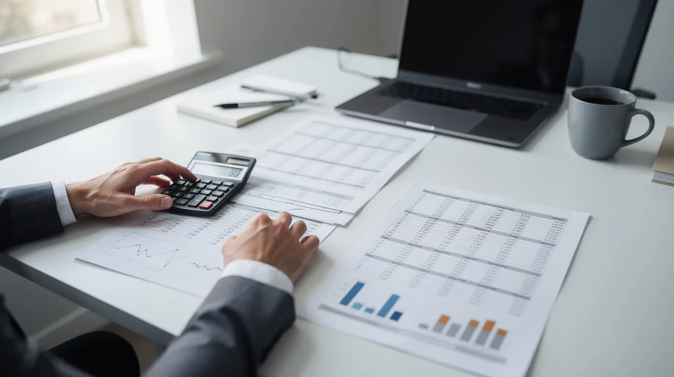 A person is sitting at a desk, using a calculator while reviewing printed financial statements, indicating a focus on managing their finances. The scene suggests they may be assessing their options for loans, such as 免 tu 貸款 or other financial products.
