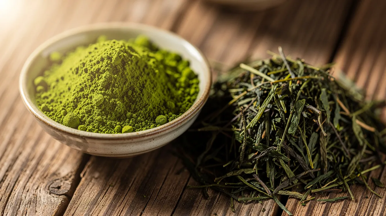 A close-up view showcases vibrant green matcha powder alongside dried whole green tea leaves on a wooden surface, highlighting the rich aroma and authentic taste of Japan's finest green tea. This image emphasizes the vibrant green color of the matcha, ideal for making lattes or enjoying in various recipes.