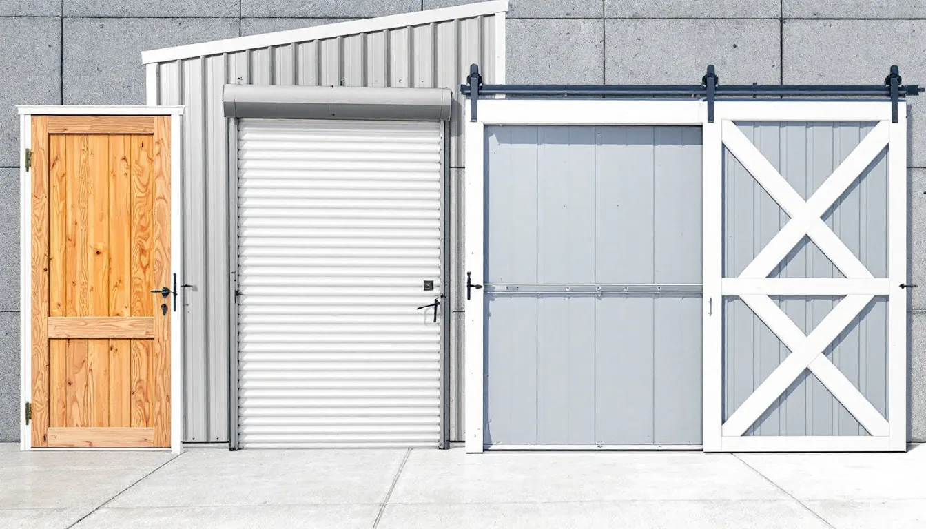 De afbeelding toont verschillende configuraties van schuurdeuren, waaronder openslaande deuren, dichte schuurdeuren en dubbele schuurdeuren. Elke deur is afgewerkt met diverse materialen en afmetingen, wat de keuze voor een eigen schuurdeur vergemakkelijkt.