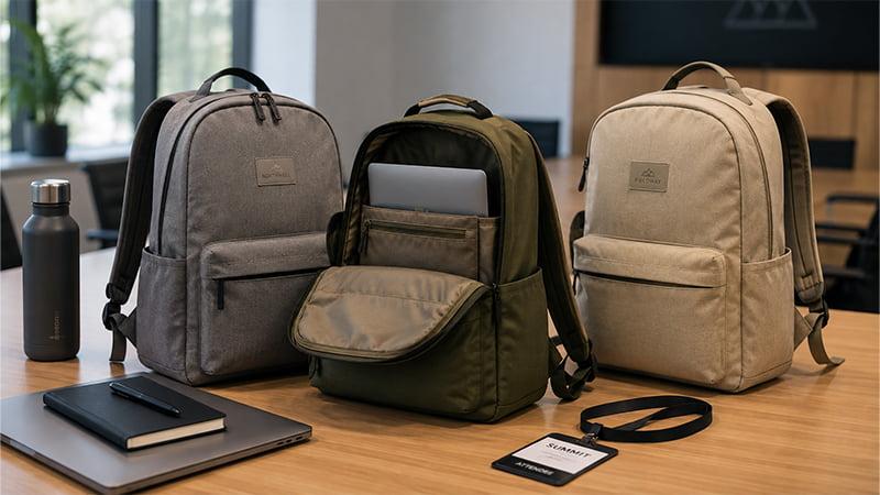 Custom backpacks with logo branding for conference swag, corporate events, and attendee giveaway programs