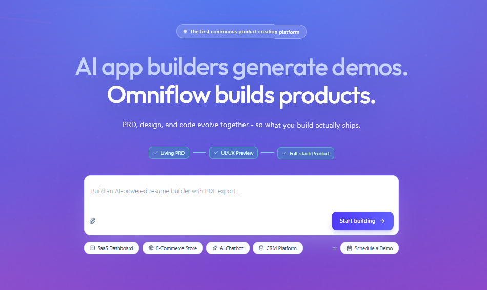 Image showing Omniflow's application development platform homepage, which can be used as part of a free plan to build web apps and integrate AI systems