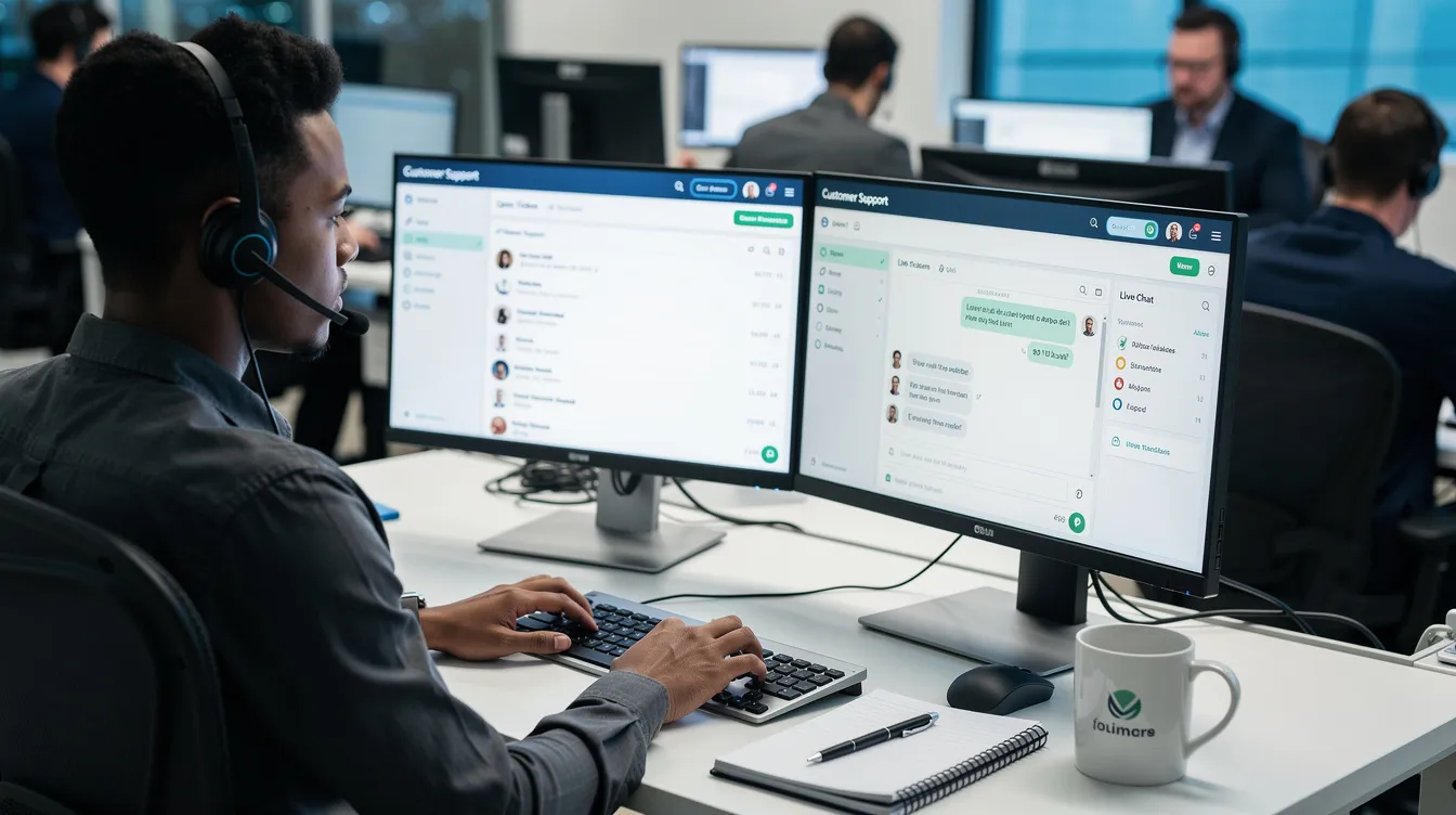A support agent is seen working with customer service tools, utilizing advanced features of Zendesk AI to provide accurate responses to customer questions. The agent is focused on resolving complex issues by accessing knowledge sources and past tickets while engaging in conversation with customers.