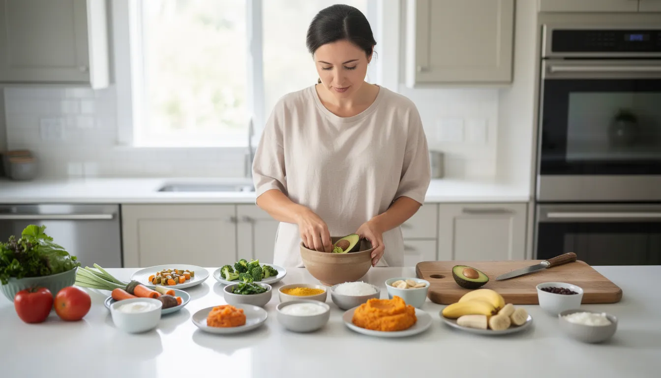 The image depicts a person in a kitchen preparing a variety of healthy soft foods, emphasizing the importance of maintaining good oral health, especially for those who have undergone oral surgery or are recovering from procedures like wisdom teeth removal. This preparation highlights dietary choices that can support optimal dental health and aid in a smooth recovery.