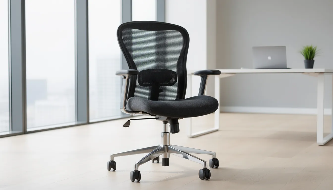 En professionell kontorsstol med hög rygg står i en modern kontorsmiljö, designad för att ge bra stöd under långa arbetsdagar. Stolen har justerbara armstöd och svankstöd, vilket gör den till en ergonomisk kontorsstol som passar perfekt för att minska risken för dålig hållning.