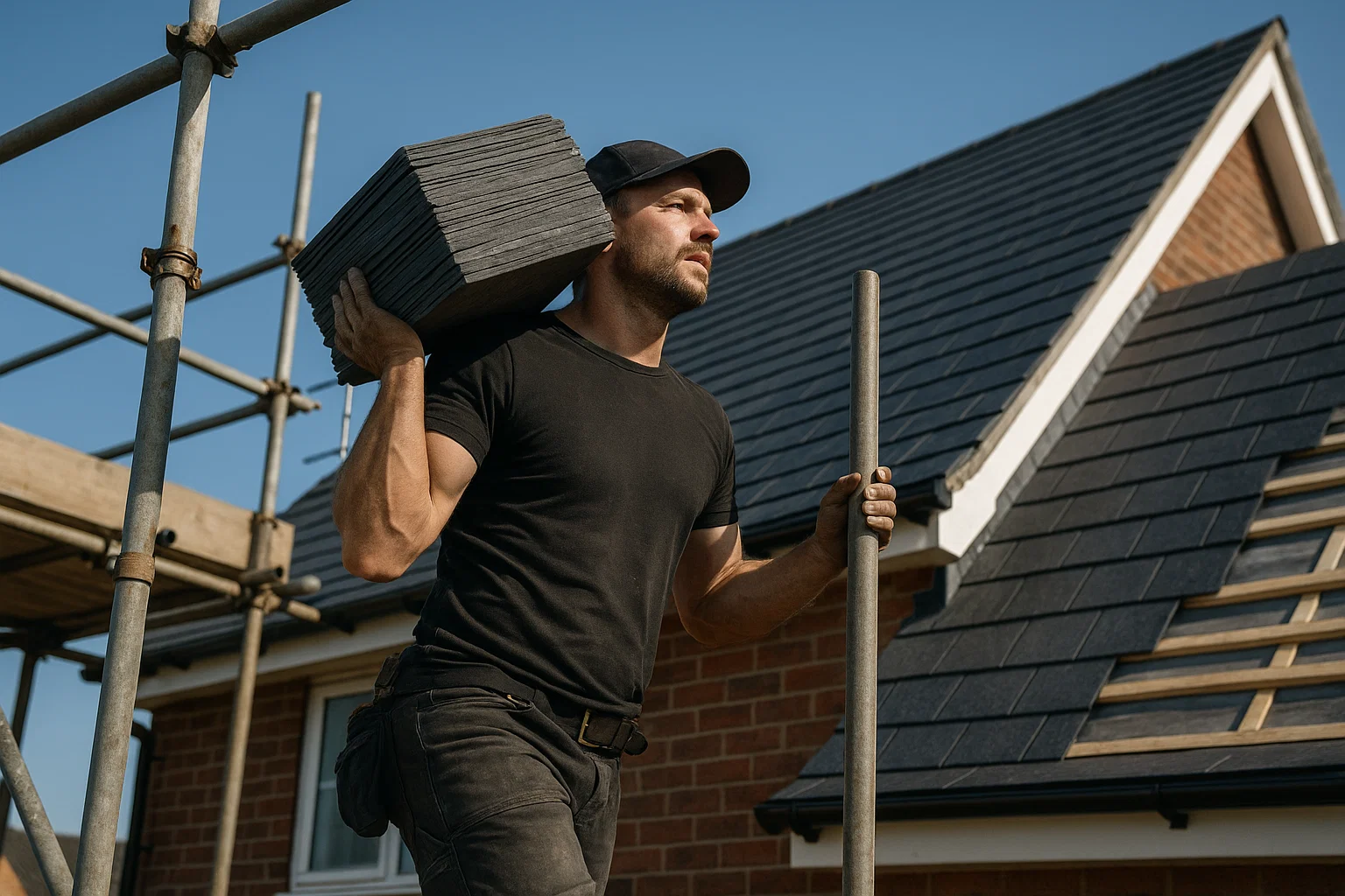 Professional roofer carrying slate tiles on scaffolding during a roof upgrade project.