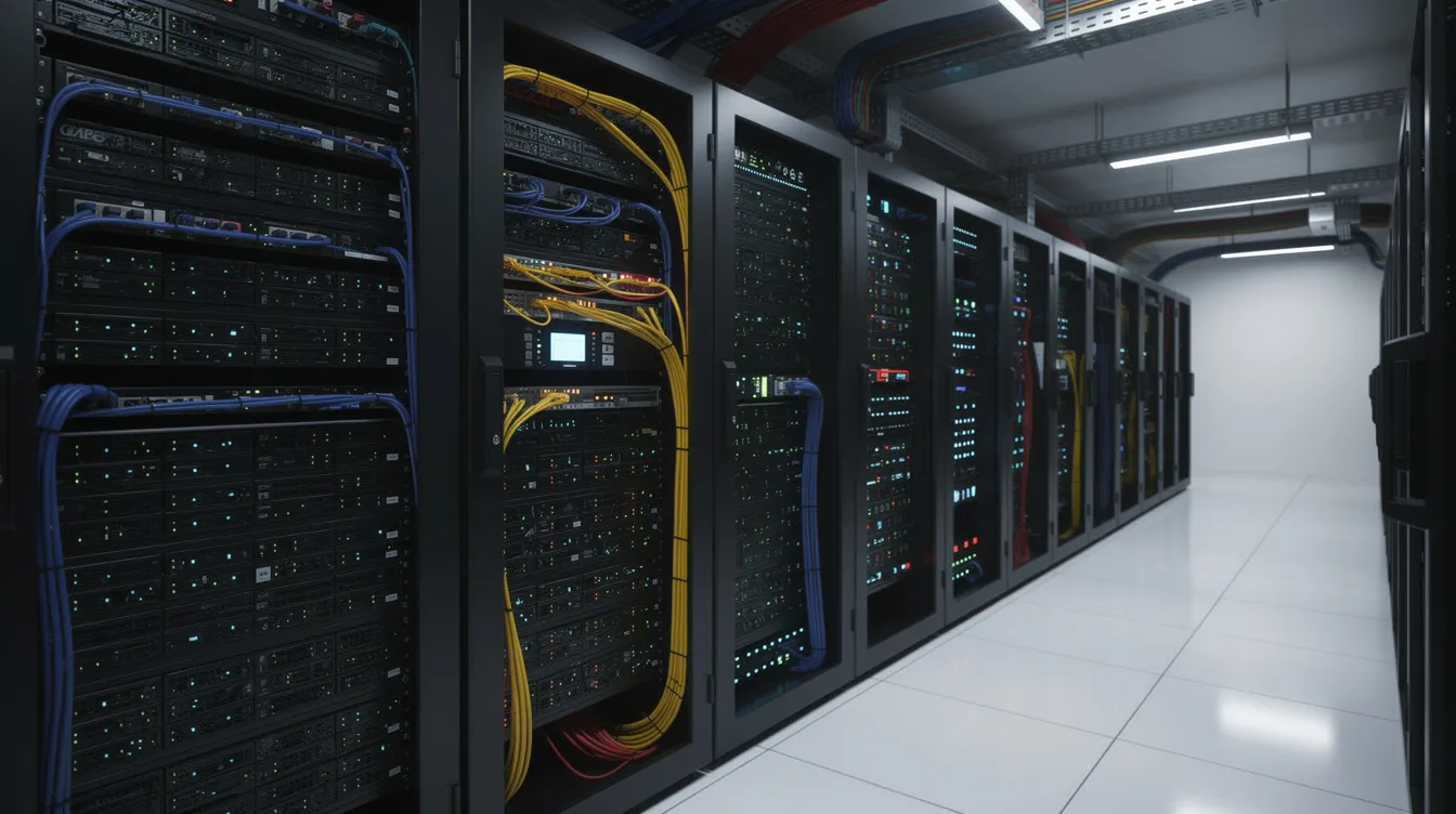 L'image montre une salle de serveurs remplie de câbles réseau et de lumières clignotantes, illustrant un environnement technologique complexe. Ce type de configuration est essentiel pour la gestion des données, notamment lors de la migration de contenu d'un site WordPress vers Drupal.