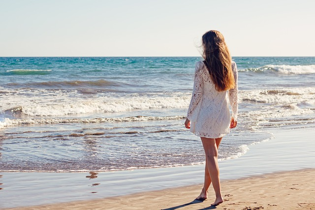 young woman, beach, dress