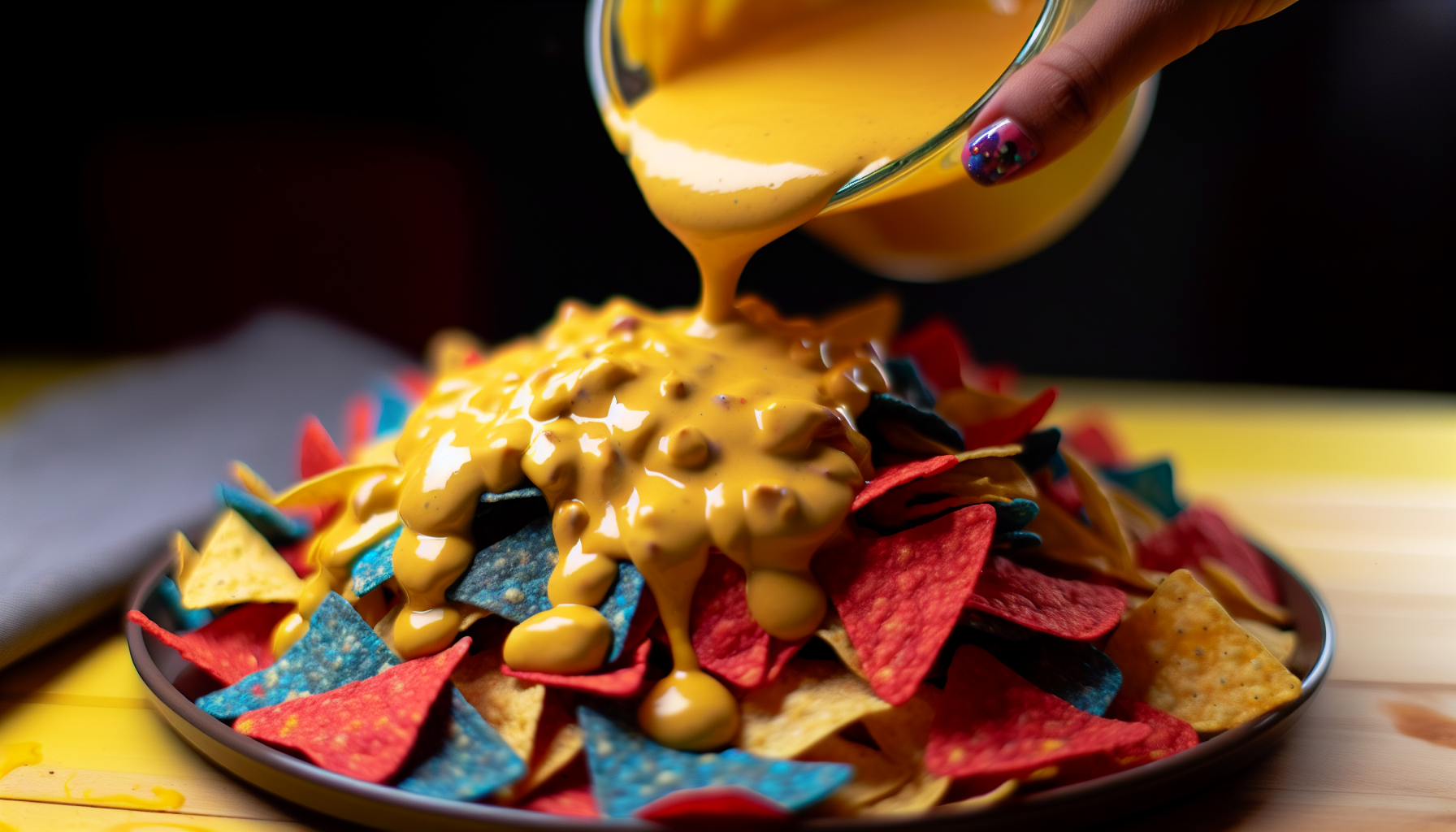 Vegan nachos topped with melted vegan cheese sauce