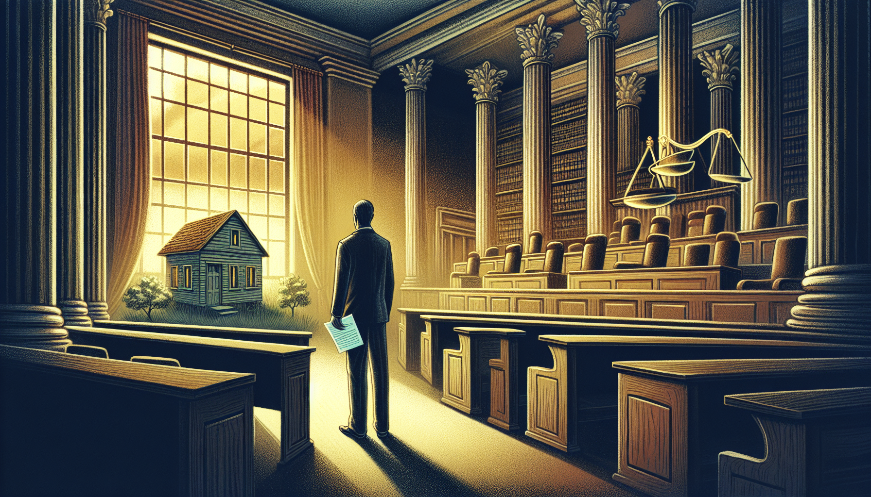 Illustration of a person filing for bankruptcy in court