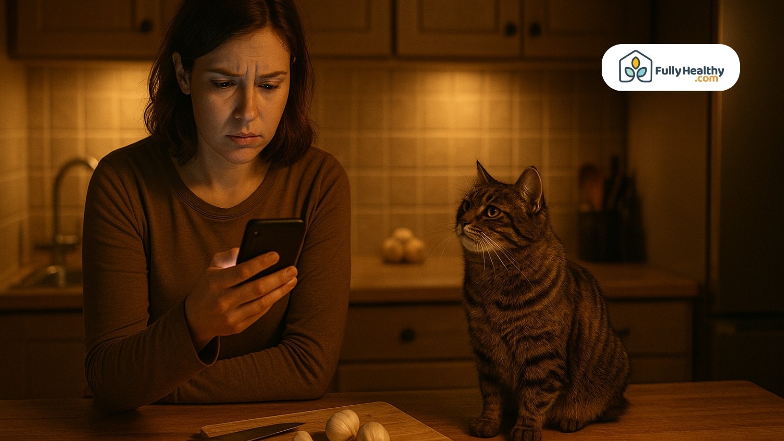 Woman looks concerned reading phone beside curious cat and garlic