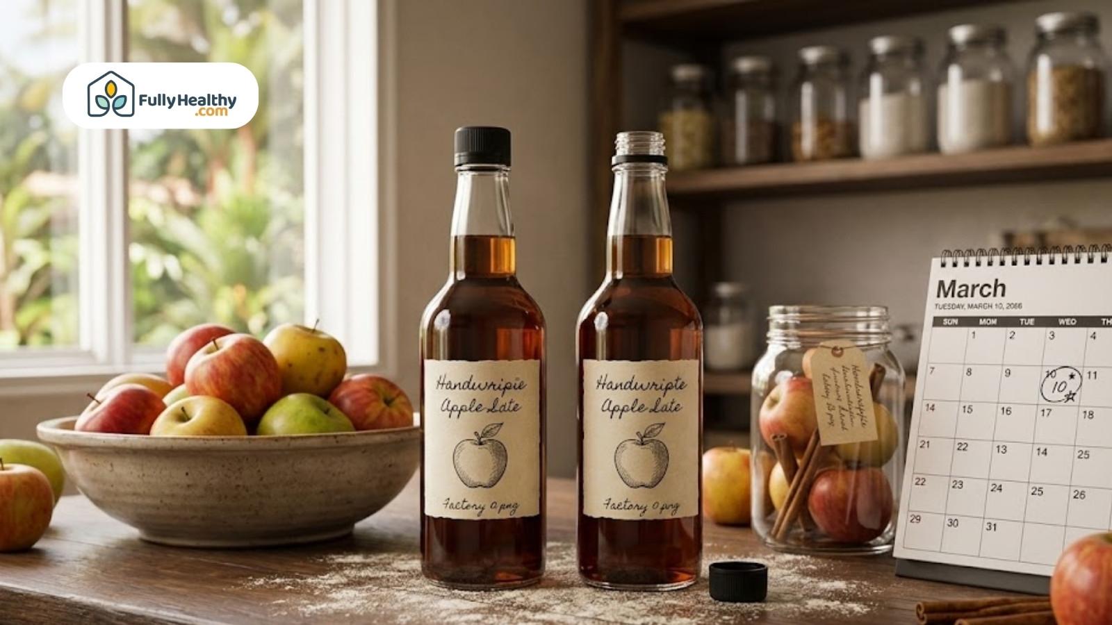 Homemade apple cider vinegar bottles with apples and calendar