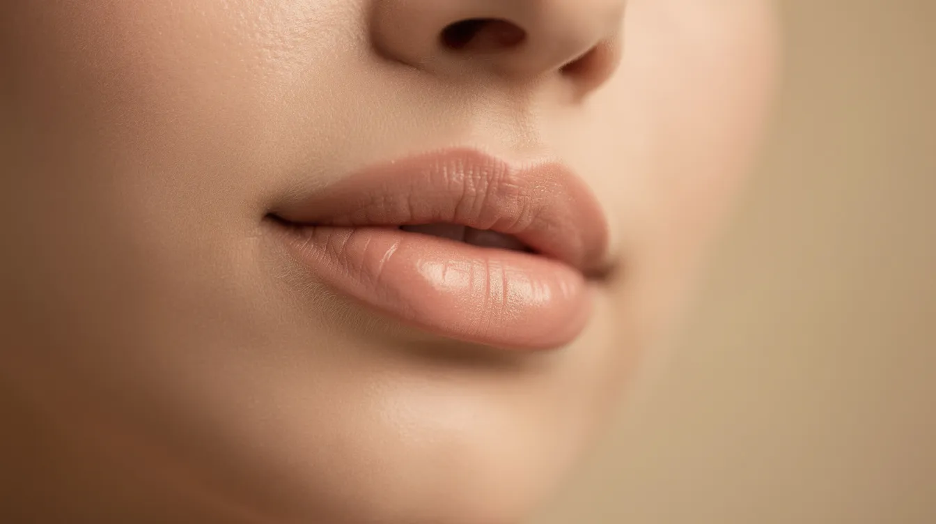 A close-up of a woman's lower face showcases her beautifully enhanced lips, featuring a smooth texture and natural shape, illuminated by warm lighting. The soft, natural-looking lips highlight the artistry of lip augmentation, emphasizing a well-defined cupid's bow and a balanced, confident smile.