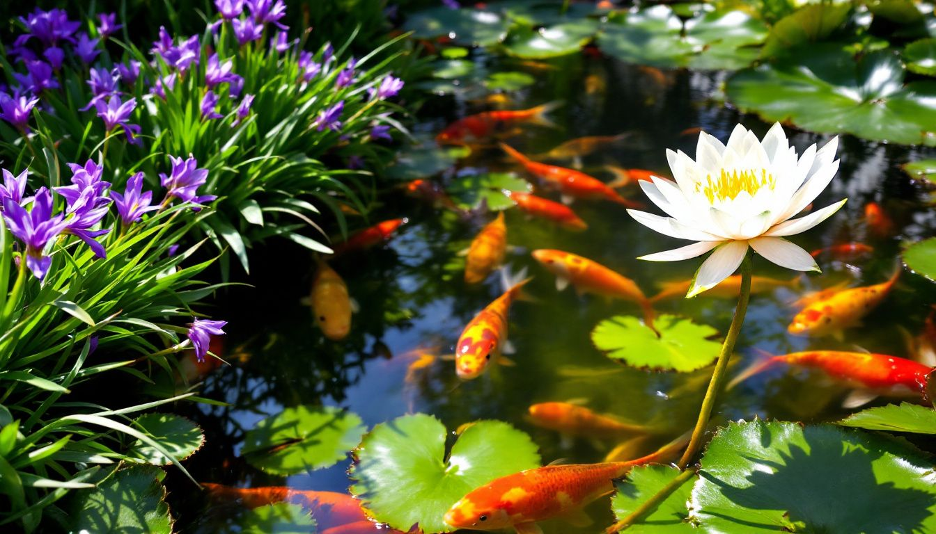 Various types of plants suitable for koi ponds, highlighting the importance of plant selection.