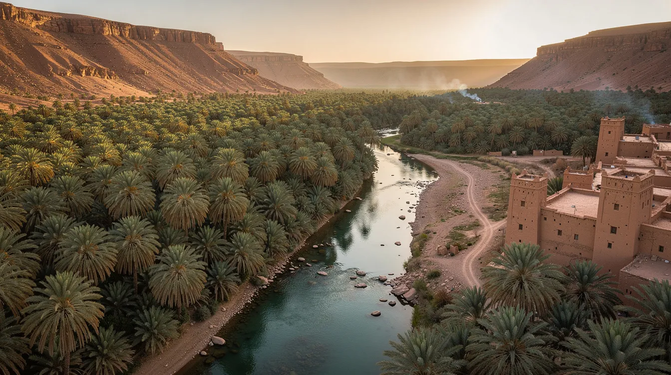 The image depicts a vast palm oasis in Ziz Valley, featuring lush palm groves and a winding river, alongside traditional kasbahs that reflect the rich Berber culture. This serene desert landscape is a perfect representation of the natural beauty found on a Marrakech to Fes desert tour, offering an unforgettable experience in the heart of Morocco.