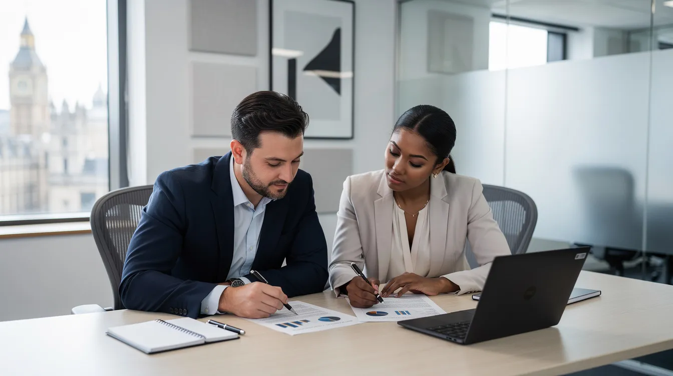 Two professionals are collaborating at a desk in a modern UK office, reviewing important documents that may include crucial business information. This scene reflects a productive environment where small business owners can effortlessly manage their operations and access insights related to transactions and invoices.