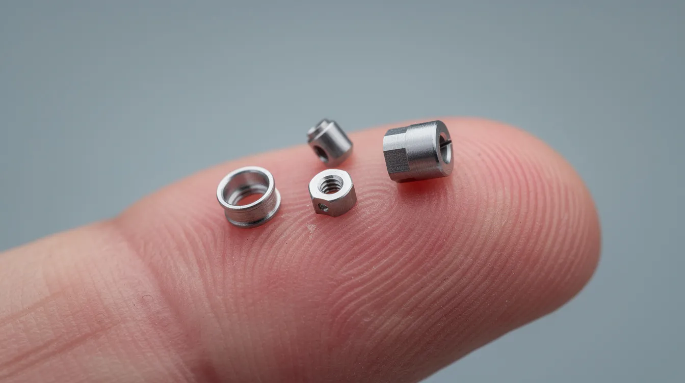 A close-up photograph shows several tiny, precision-machined metal components, including cylindrical parts, resting on a human fingertip, highlighting their intricate shapes and the tight tolerances achieved through advanced machining processes like CNC milling. The image emphasizes the small size of these components, typically made from materials such as stainless steel or aluminum, showcasing their aesthetic appeal and quality.