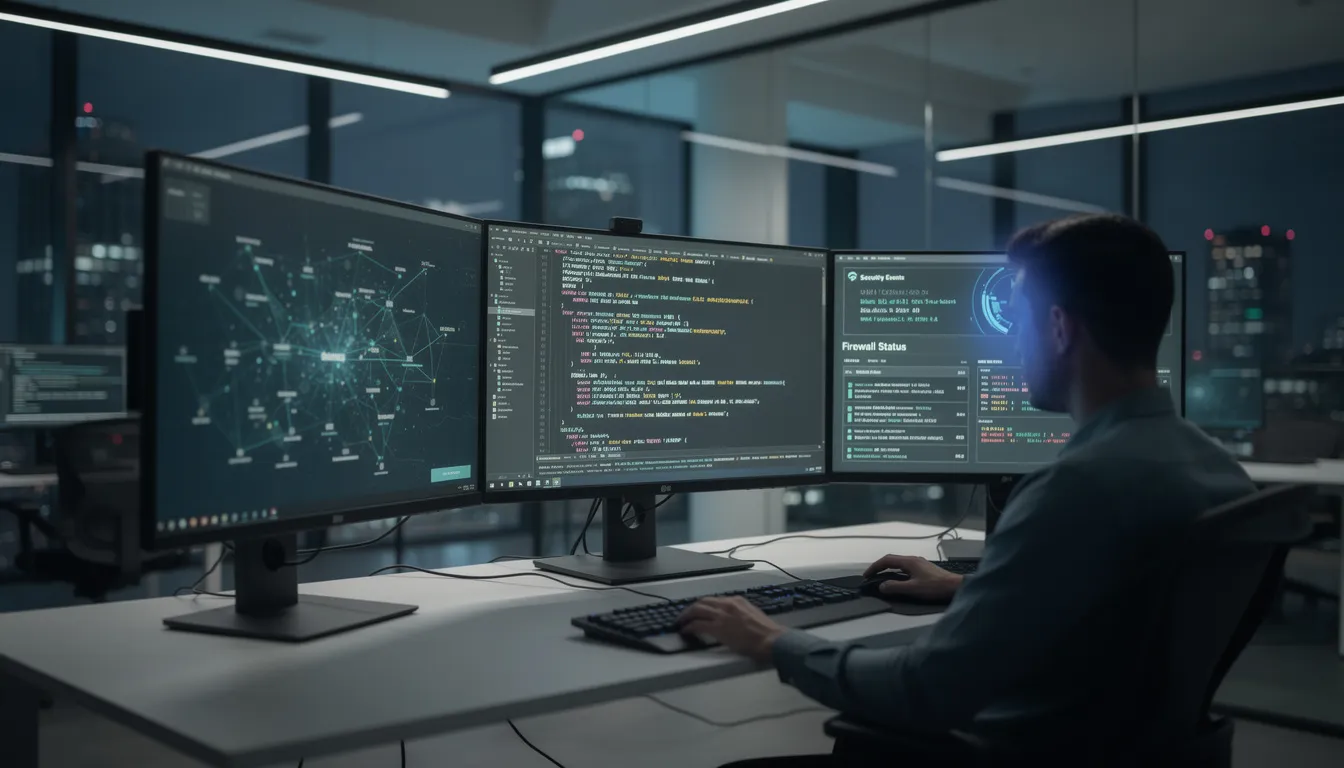 Un professionnel de la cybersécurité analyse du code sur plusieurs moniteurs dans un bureau moderne, mettant en évidence les tests d'intrusion et les vulnérabilités des systèmes informatiques. L'environnement reflète une attention particulière à la sécurité des réseaux et des applications web.