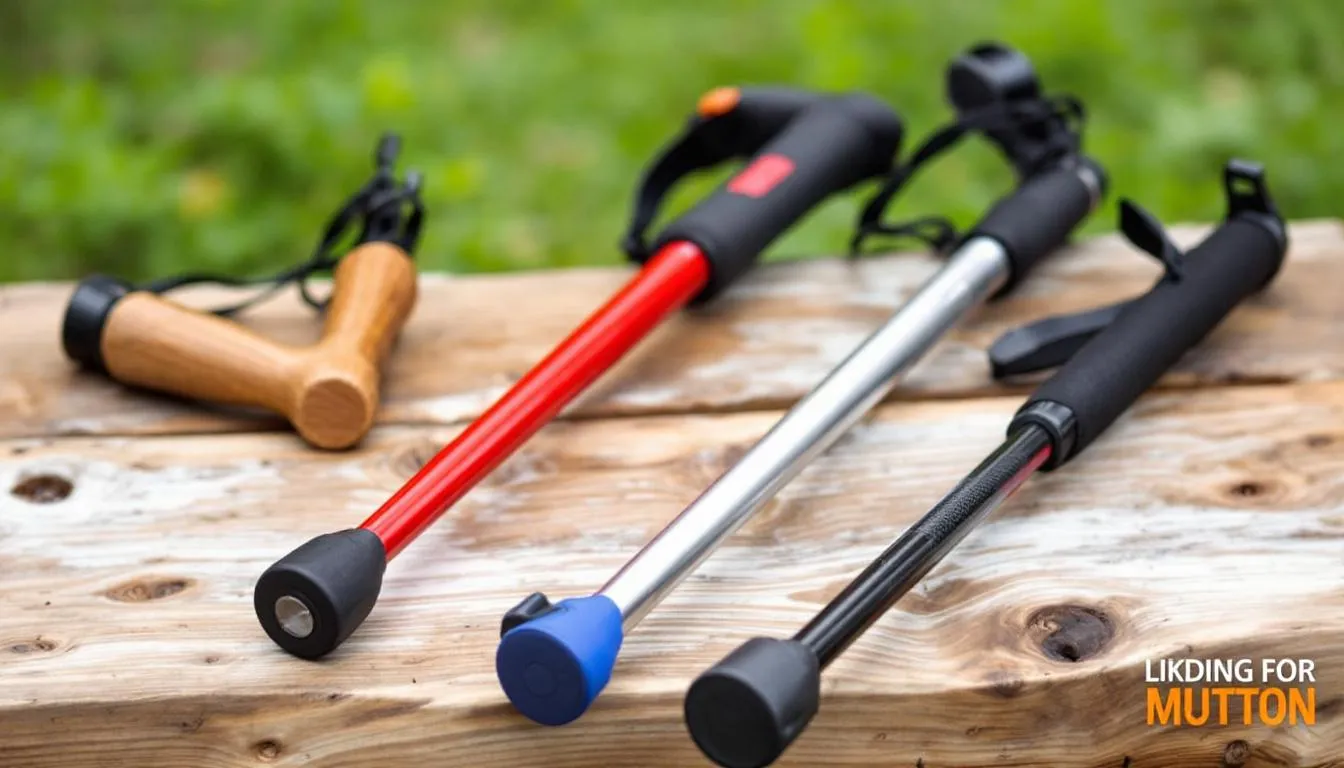 A selection of the best walking sticks for trails is displayed, featuring various types such as carbon fiber poles, aluminum construction hiking poles, and wooden walking sticks. Each pole is designed for durability and comfort, showcasing features like soft cork grips, rubber tips, and adjustable lengths, ideal for navigating both steep terrain and groomed trails.
