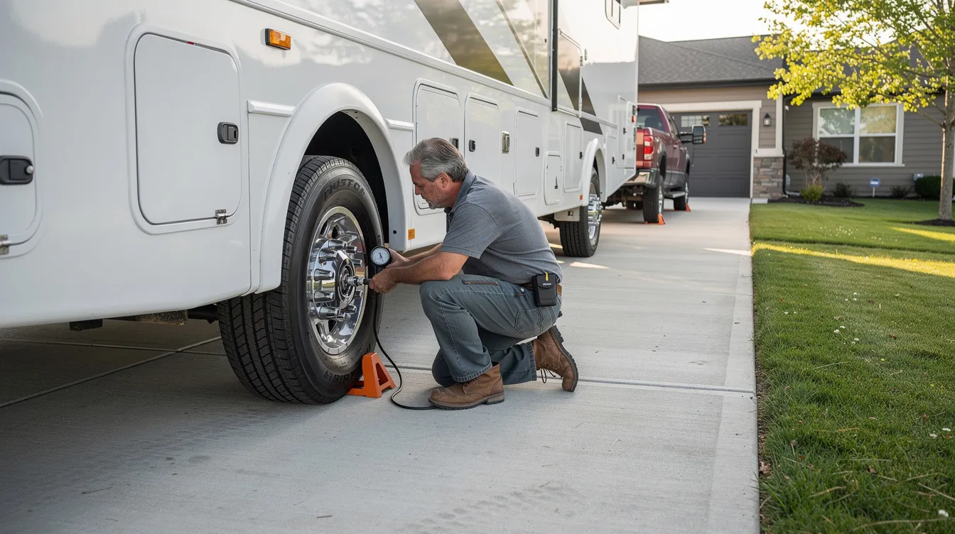 An RV owner is inspecting the tire pressure on a large fifth wheel parked in a driveway, ensuring it is in top condition for safe travel. This routine maintenance is crucial for the reliability of the recreational vehicle and contributes to a smooth journey ahead.