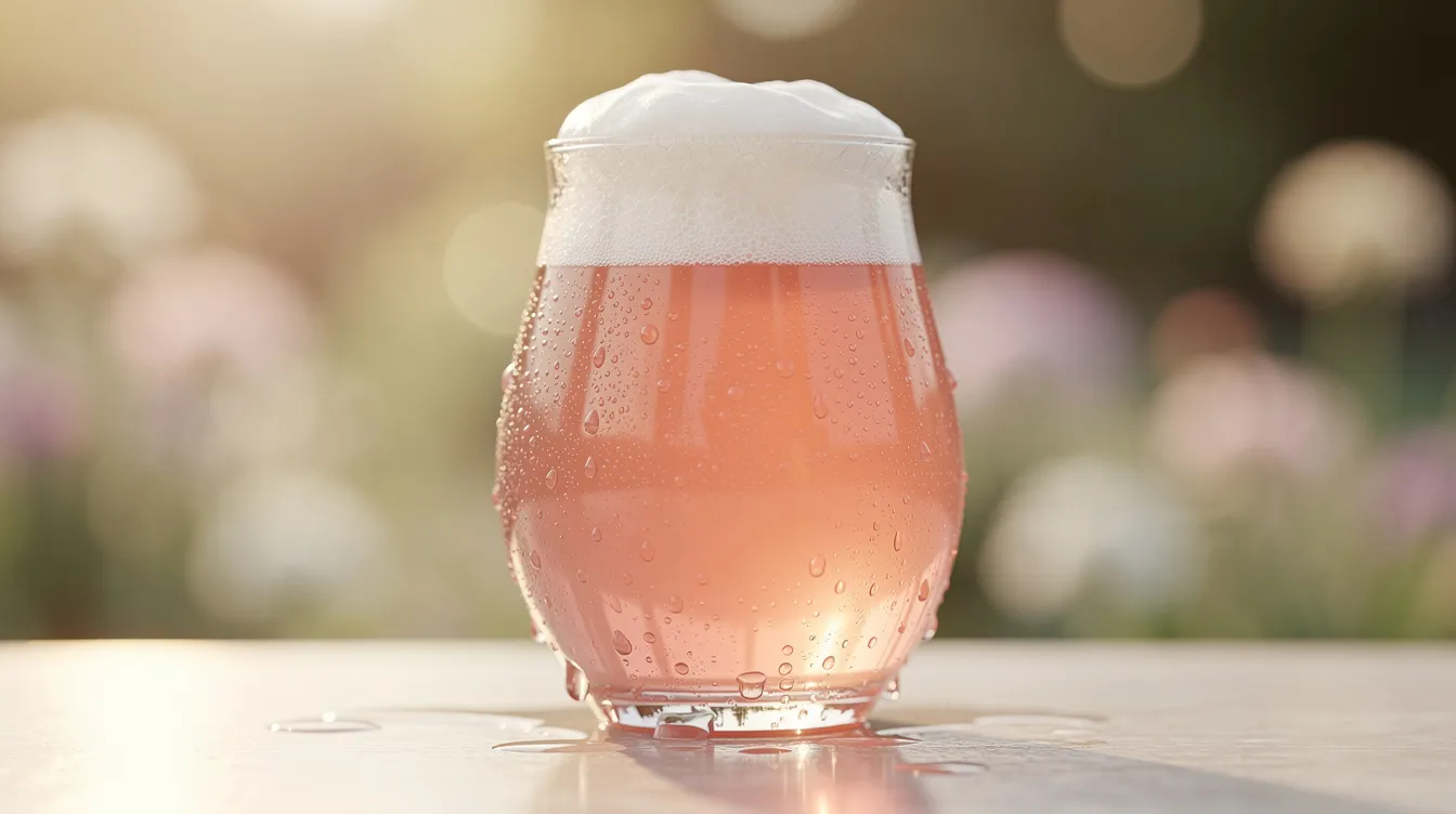 A chilled glass of blush pink beer topped with a creamy white foam head showcases condensation on the glass, set against a soft summer background. This refreshing drink, reminiscent of Stella Artois strawberries and cream beer, embodies the essence of summer with its fruity aroma and crisp taste.