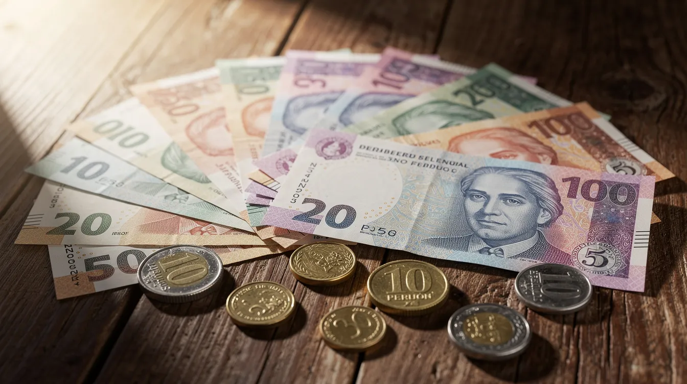 An assortment of Peruvian sol banknotes and coins is neatly arranged on a wooden table, showcasing the currency used in the Peruvian banking system. This image reflects the financial transactions and savings accounts that are essential for managing funds in Peru.