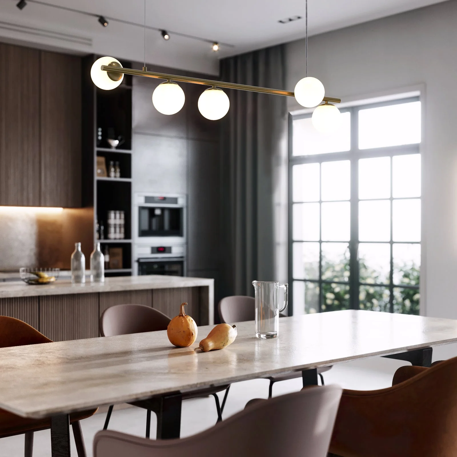 Modern multi-bauble pendant light with a contemporary design, hanging from the ceiling of a modern kitchen, serving as a stylish light fixture for your dining room.