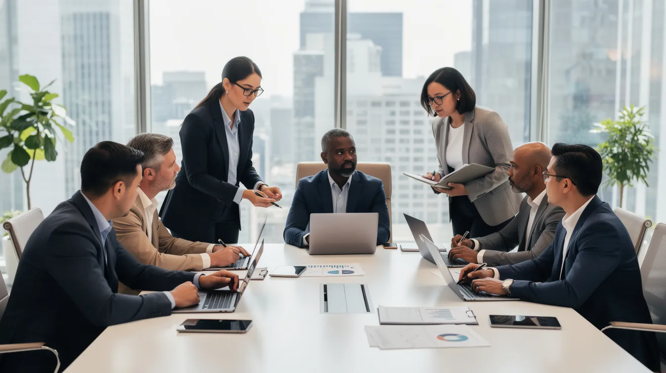 Une équipe diversifiée de professionnels collabore autour d'une table de conférence dans un bureau moderne, illustrant la répartition des rôles et responsabilités au sein de l'organisation. Chaque membre contribue à la prise de décision, favorisant ainsi l'efficacité et la réussite collective.