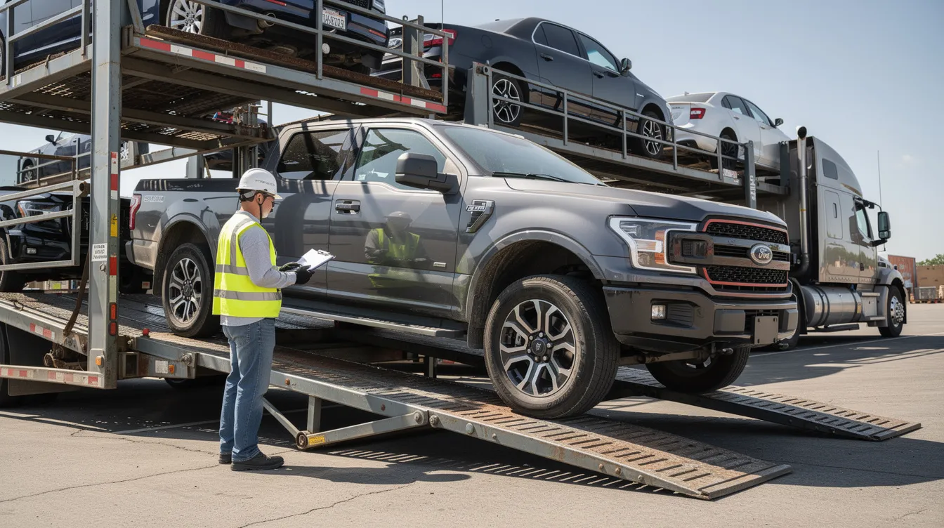 A pickup truck is being loaded onto a multi-level open transport trailer, while a driver conducts an inspection to ensure everything is secure for the shipment. This scene highlights the logistics involved in truck shipping, emphasizing the importance of safety and efficiency in transporting vehicles.
