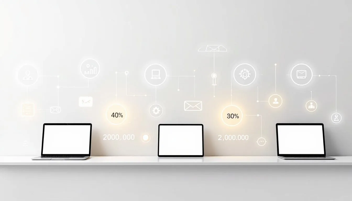 Laptops und Tablets aufgereiht auf einem Tisch zur Illustration der IT-Ausstattungswahl.