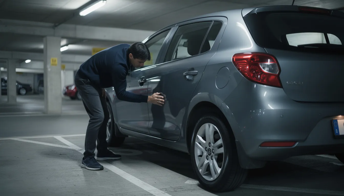 Une personne inspecte attentivement la carrosserie d'une voiture compacte grise dans un parking couvert, vérifiant son état avant de procéder à la location de voiture. L'environnement est calme, et la lumière artificielle éclaire la scène, mettant en valeur les détails du véhicule.