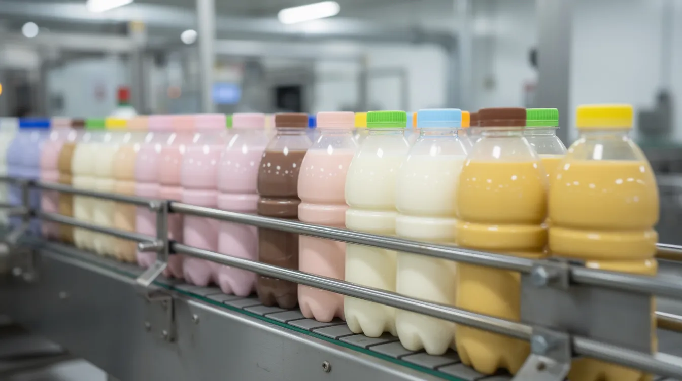80b1098d 2552 4361 a467 c59ed420b3c7 The image shows rows of colorful PET bottles filled with various fruit-flavored milk drinks moving along a factory conveyor belt in a dairy processing plant. This scene highlights the manufacturing process of value-added dairy products, emphasizing the importance of quality control and efficient packaging in the flavored milk sector.