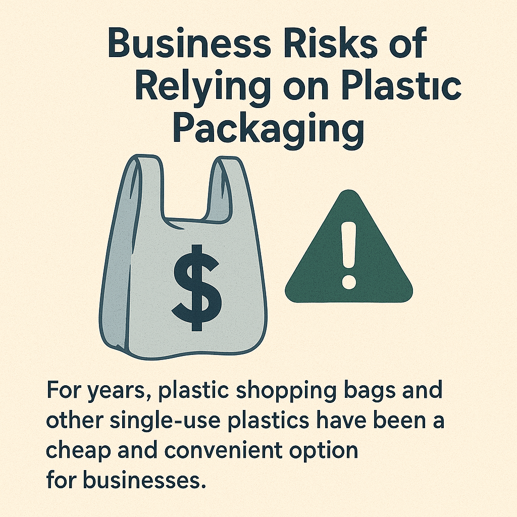 Scales of justice with a red warning triangle. Text warns about compliance risks as plastic bans expand worldwide.