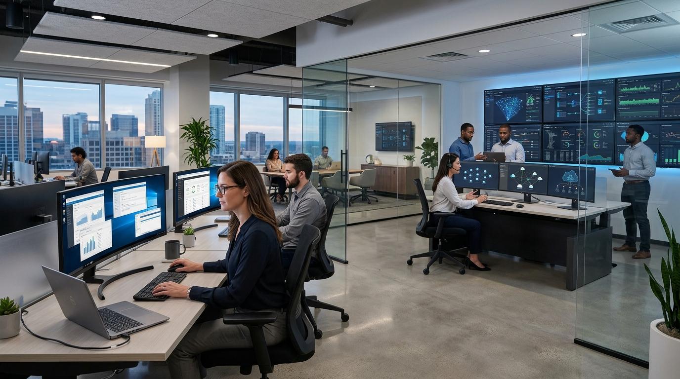 Photorealistic corporate workspace with remote professionals using instant cloud desktops while IT teams oversee large-scale cloud environments supporting existing enterprise workloads.