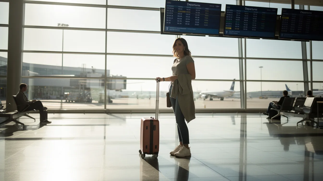 A relaxed traveler stands at an airport gate, holding a small carry-on bag, ready for their journey. The scene captures the anticipation of flying, possibly with considerations about traveling with CBD products, as they navigate TSA guidelines and legal limits for hemp-derived CBD.
