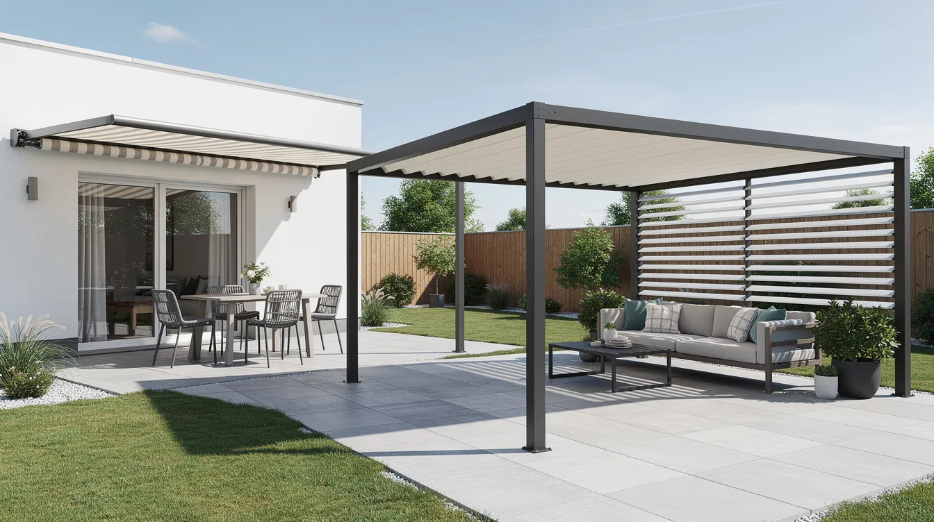 The image features a side-by-side architectural rendering comparison of three different backyard shade structures: a wall-mounted lateral arm retractable awning, a freestanding metal framework canopy, and a modern pergola with tilting roof louvers over a stylish paved patio. Each design showcases high-quality materials and functionality, enhancing outdoor spaces while providing protection from direct sunlight and harsh weather.