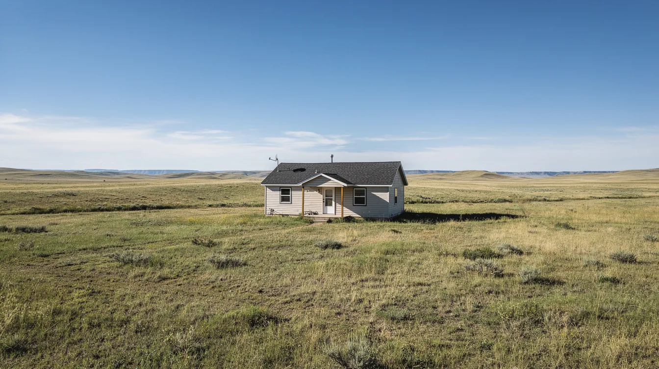 The image depicts a small residential house nestled in the expansive Wyoming grassland, under a clear blue sky, symbolizing a peaceful homestead. This scene reflects the essence of Wyoming living, where residents may benefit from the Wyoming homestead exemption to protect their primary residence during financial challenges such as bankruptcy.