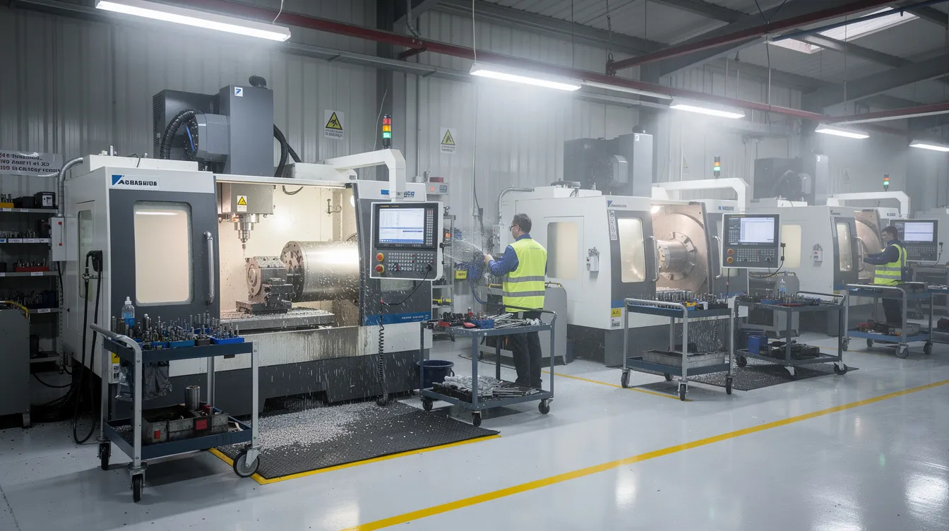 The image depicts the interior of a CNC machining factory floor, showcasing multiple milling and turning centers actively engaged in the CNC machining process. The scene highlights the cutting-edge technology used for producing complex parts, emphasizing the efficiency and precision of the machining services provided in this bustling manufacturing environment.
