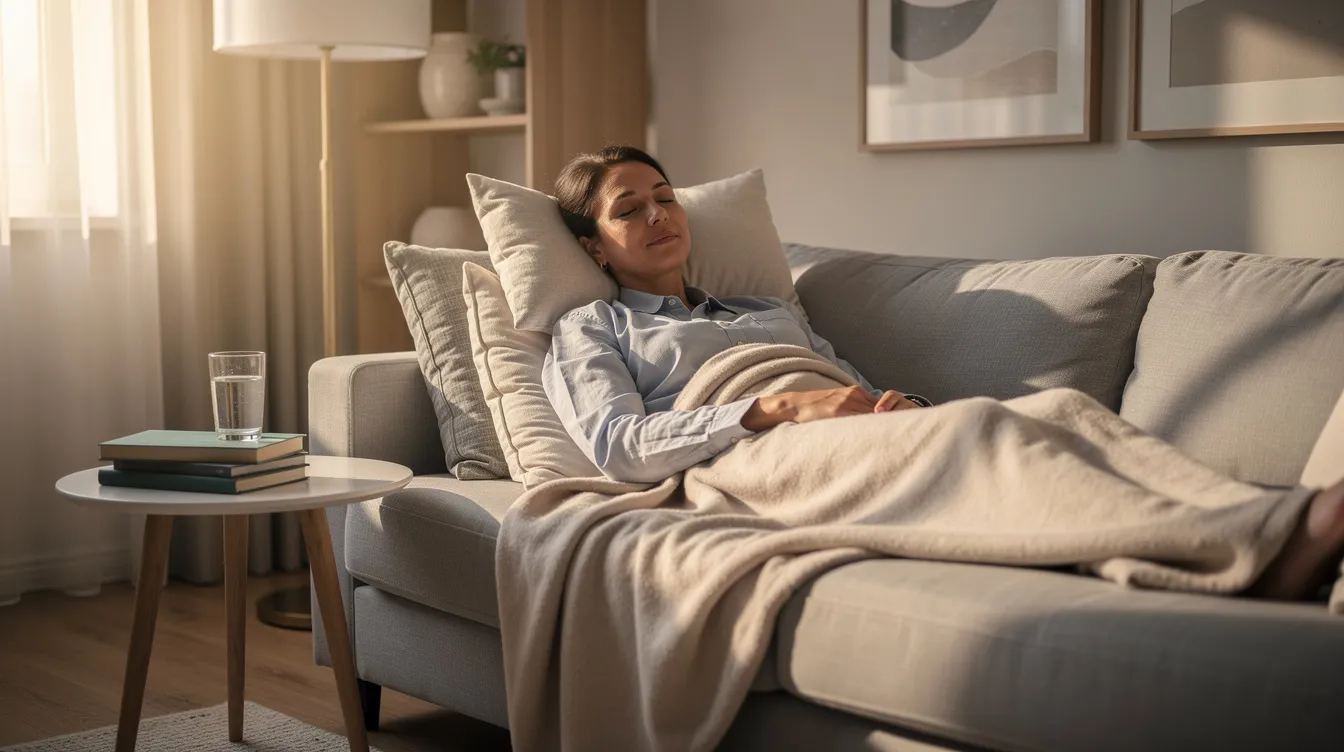 A person is resting comfortably at home during their recovery, surrounded by soft pillows, creating a cozy atmosphere. This scene reflects the importance of a healthy lifestyle and patient satisfaction following a cosmetic procedure, such as a Brazilian butt lift (BBL), ensuring natural looking results and smooth curves.