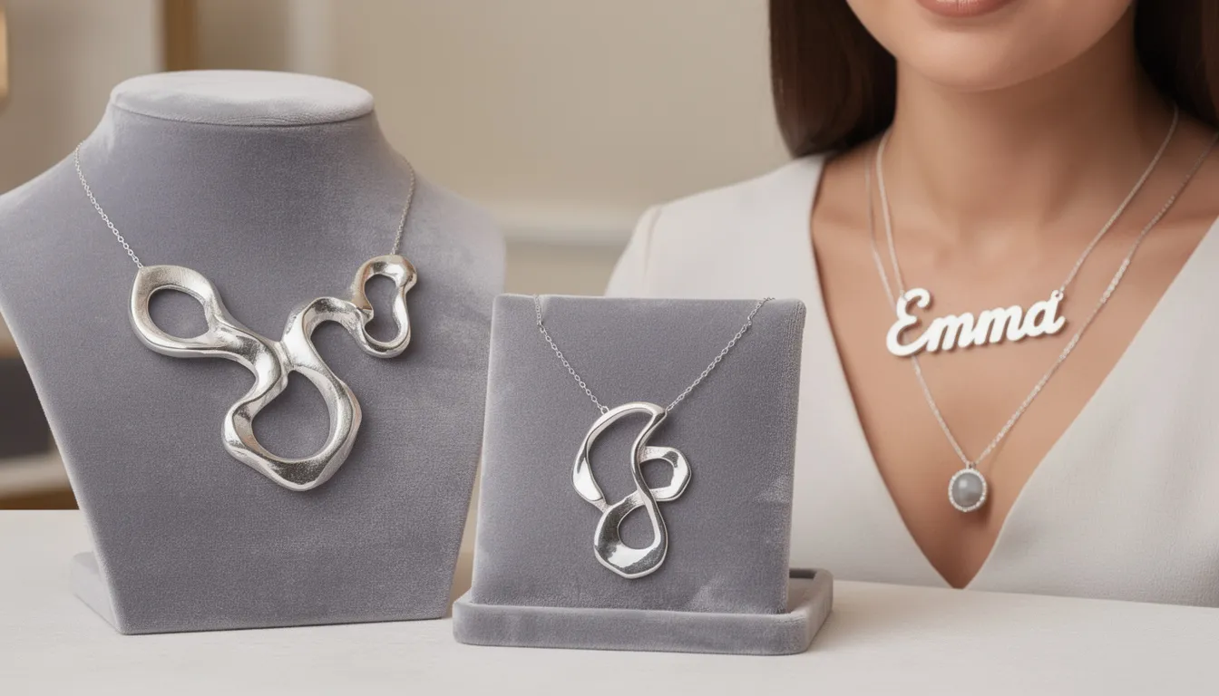The image showcases a collection of sculptural silver necklaces featuring oversized pendants and personalized designs, including birthstone and name necklaces. Crafted from solid sterling silver, these unique pieces blend contemporary style with meaningful craftsmanship, making them perfect for everyday wear or special occasions.